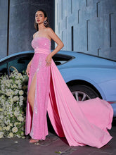 D&M Gorgeous Glitter Knitted Long Train Dress With Ruffled Hem, High Slit, Strapless Neckline, Perfect For Evening Party